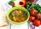Caucasian lamb or beef Shurpa soup with vegetables