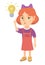 Caucasian little girl pointing at the lightbulb.