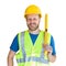 Caucasian Male Contractor With Hard Hat, Level and Safety Vest Isolated
