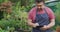 Caucasian male gardener checking tree and using tablet at garden center