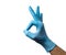 Caucasian male right hand in blue latex glove isolated over white background.