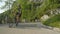 Caucasian male road cyclist pedalling up a steep asphalt road in sunny woods.