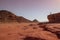 A Caucasian male traveler climbed a rock and stands against the sky in Timna National Park, Israel