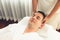 Caucasian man enjoying relaxing anti-stress head massage. Quiescent