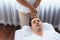 Caucasian man enjoying relaxing anti-stress head massage. Quiescent