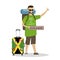 Caucasian man with suitcase and backpack hitchhiking.