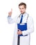 Caucasian medical doctor with clipboard and finger up