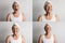 Caucasian mid age woman doing face yoga. Face portrait collage. Skin care and lifting