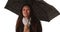 Caucasian millennial female with polka dot umbrella on white background