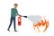 Caucasian office worker holds red fire extinguisher. Cartoon handsome man extinguishes a fire, isolated on white background