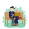 Caucasian old married couple sitting on bench in park, happy elderly people enjoying outdoors. Grandpa giving rose flower to