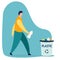 Caucasian person man throwing a plastic bottle waste in garbage bin. Isolated flat vector trash illustration on white