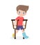 Caucasian sad kid injured with broken leg in gypsum. little children standing on crutches, cartoon teen disabled character broken