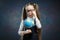 Caucasian Schoolgirl Wear Glasses Turn World Globe