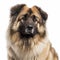 Caucasian Shepherd dog, fluffy dog close-up portrait on white background, loyal friend, cute pet,