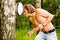 Caucasian strong man playing rugby ball outdoors