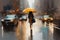 Caucasian tall elegant business woman in high heel shoes with red umbrella in New York city