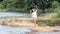 Caucasian Teen Girl White Leotards Standing Outdoors At River