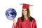 Caucasian teenager wearing a graduation gown holding the earth