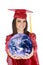 Caucasian teenager wearing a graduation gown holding the earth