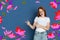 Caucasian teens girl portrait isolated on bright, modern illustrated background.