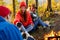 Caucasian travellers relax in forest. hiking and camping together