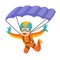 Caucasian white man flying with a parachute.