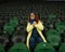 Caucasian woman cheers for a sports team at the stadium. The girl watches the match at the stadium alone.