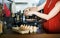 Caucasian woman cooking eggs in the kitchen