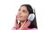 Caucasian Woman Delighting in Music with Headphones on White Background