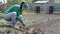 Caucasian woman farmer or gardener cleans weeds in the garden. Early spring preparation for the garden season