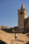 Caucasian woman in Juromenha castle tower, in Portugal