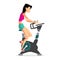 Caucasian woman riding stationary bicycle in the gym. Sporty girl exercising on training cycle. Flat cartoon isolated vector ill