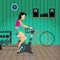 Caucasian woman riding stationary bicycle in the gym. Sporty girl exercising on training cycle. Flat cartoon isolated vector ill