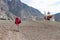 Caucasian woman trekker in Himalayan mountains near stupa, Ladakh, India