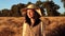 Caucasian woman walking across the field