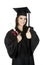 Caucasian woman wearing in a black graduation gown