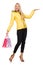 Caucasian woman in yellow jacket holding plastic bags isolated o