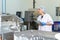 caucasion woman working in a food factory wearing protective clothes and gloves