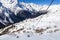 Caucasus Mountains, Panoramic view of the ski slope  on the horizon in winter day. Dombai ski resort, Western Caucasus, Karachai-