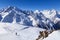 Caucasus Mountains, Panoramic view of the ski slope  on the horizon in winter day. Dombai ski resort, Western Caucasus, Karachai-