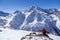 Caucasus Mountains, Panoramic view of the ski slope  on the horizon in winter day. Dombai ski resort, Western Caucasus, Karachai-