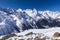 Caucasus Mountains, Panoramic view of the ski slope  on the horizon in winter day. Dombai ski resort, Western Caucasus, Karachai-