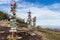 Caucasus, Pyatigorsk, Russia: Landscape on the mountain post with pointers cities and wooden bench on the peak