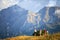 Caucasus Reserve, Russia - circa September 2015: Tourists stand against Agepsta Peak in Caucasus Mountains. Beautiful scenic summe