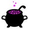 Cauldron of boiling potion. Silhouette. Bubbles of pink color fly upwards. Vector illustration. Isolated white background.