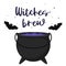 A cauldron of boiling witch`s potion. A pot of purple liquid poison and bubbles. Postcard with hand lettering-Witches brew.