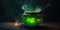 Cauldron with green potion. Drawing on the theme of Halloween. Place for text. Generative AI