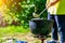 A cauldron or pot of food on a gas burner in the wild. Hiking food at the tourist camp. Background with copy space