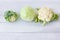 Cauliflower, broccoli and cabbage closeup.